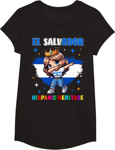 Vista 4 de Camiseta infantil El Salvador Dabbing Girl Hispanic Heritage Celebration, Negro