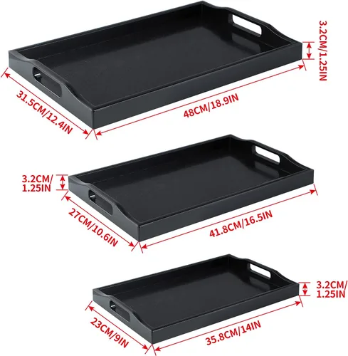 Vista 3 de MDLUU Juego de 3 bandejas de plástico para servir con asas recortadas, bandeja rectangular para mayordomo para desayuno en la cama, mesa de café