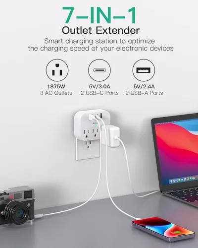 Vista 4 de Elementos esenciales para cruceros, barra de contactos para crucero con enchufe plegable, elementos esenciales de viaje con USB C, extensor