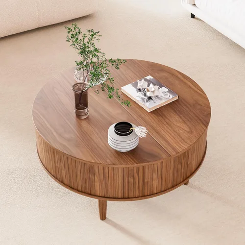 Vista 5 de Mesa de centro redonda acanalada con tapa elevable y almacenamiento, mesa de centro moderna de mediados de siglo para sala de estar, espacio pequeño