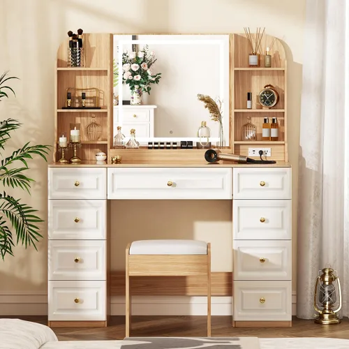 Vista 11 de 43" Lighted Makeup Vanity Set w/9 Drawers & Shelf, Padded Stool, Black