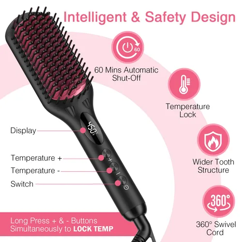 Vista 2 de Cepillo iónico alisador de cabello con resistencia al calor, guante y función de bloqueo de temperatura, 2 en 1, MiroPure Negro