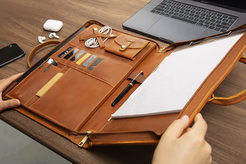 Vista 5 de Portafolio de Cuero Genuino, Organizador Padfolio con Asa, Padfolio Personalizado, Padfolio con Cremallera para Hombres y Mujeres, Adecuado