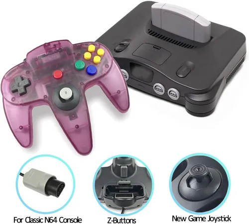 Vista 2 de Tevodo Controlador N64, controlador clásico con cable mejorado compatible con consola N64 (morado transparente y verde transparente)