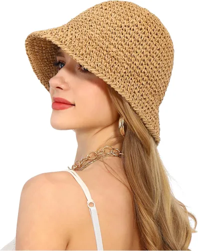 Vista 2 de Sombrero de sol para mujer, hecho a mano, con paja, protección UV, para viajes, verano, playa Caqui