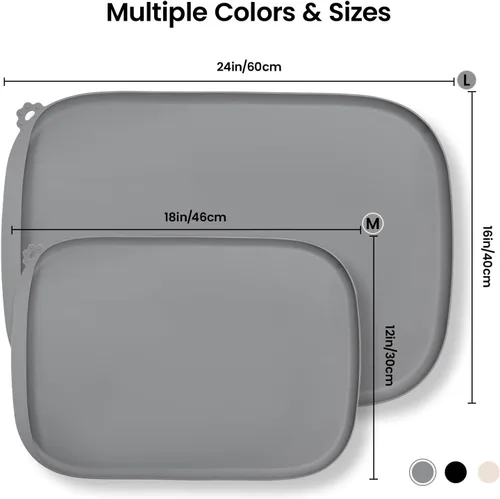Vista 3 de Tapete de silicona para comida para perros con bolsillo lateral y agujero de gancho, bordes elevados suaves, fácil de limpiar, impermeable, Gris