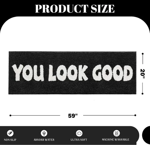 Vista 2 de Alfombra de baño con texto en blanco y negro con texto en inglés "You Look Good", divertida y bonita, decoración de baño, pequeña, fresca