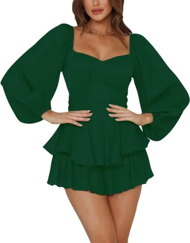 Vista 38 de LYANER Mono de Mujer de Manga Farol Larga con Volantes en Capas y Lazo Mini Corto Romper