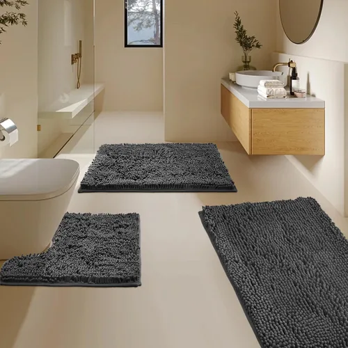 Vista 12 de Juego de 3 alfombras de baño de felpilla ultrasuave, antideslizante y súper absorbente, parte inferior de PVC fuerte, lavable a máquina, para Negro