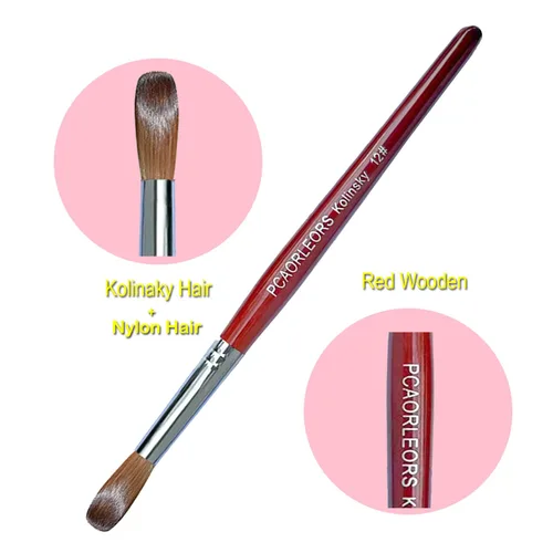 Vista 3 de (1 unidad) Cepillo de uñas acrílicas con cabello de sable Kolinsky 100% puro y mano de madera roja, cepillo de gel profesional redondo