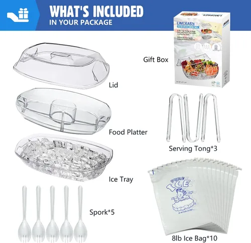 Vista 2 de LIMOEASY Bandeja de servir refrigerada, plato de plástico transparente de 15 pulgadas con 4 compartimentos, cuenco para servir hielo con tapa, plato