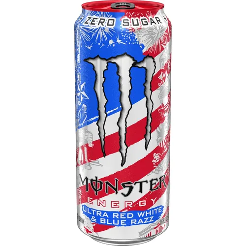 Vista 4 de Monster Energy Ultra Red White & Blue Razz, bebida energética sin azúcar, 16 onzas (paquete de 15)