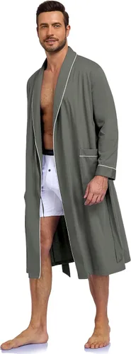 Vista 3 de COLORFULLEAF Bata de baño para hombre, 100% algodón, ligera, larga, ropa de dormir de punto suave, bata de spa con bolsillos Verde militar