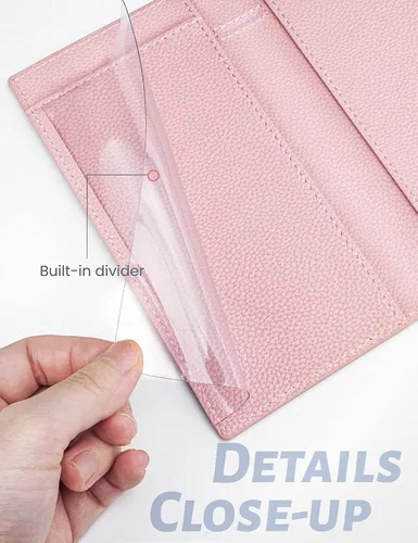 Vista 4 de Yarnic Funda para chequera personal, soporte para chequera con soporte para bolígrafo y divisor de plástico transparente integrado para cheques Rosa