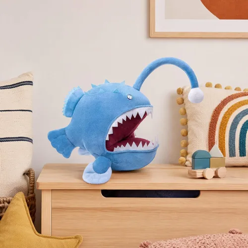 Vista 5 de Juguete de peluche de pez pescador – Lindo pez pescador azul de 12 pulgadas, juguetes de peluche real de la vida marina, pez linterna, juguetes