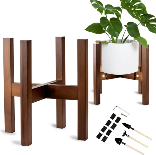 Vista 9 de Soporte ajustable de bambú para plantas de interior, soporte para macetas de 8 a 12 pulgadas para sala de estar, dormitorio, esquina, estante
