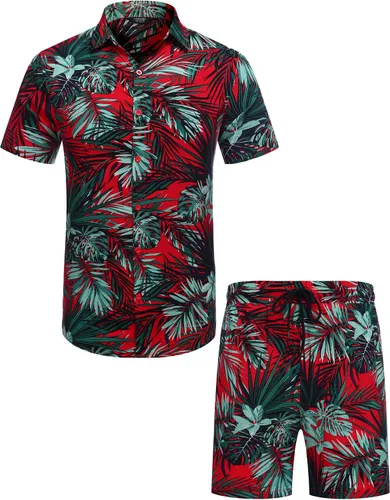 Vista 2 de COOFANDY - Conjunto de camisa hawaiana floreada de manga corta con botones para hombre