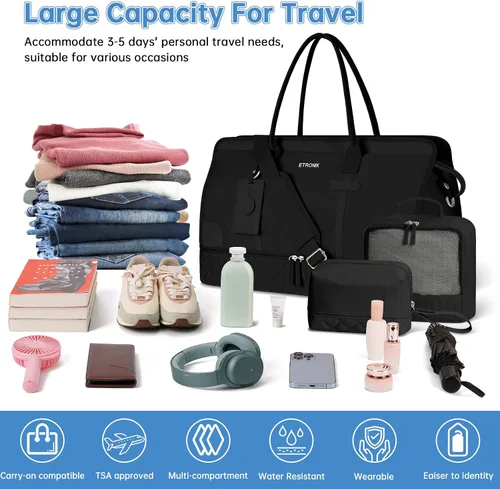 Vista 3 de ETRONIK Bolsa de fin de semana para mujer, Negro