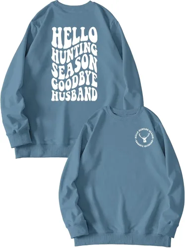Vista 16 de DUDIHOHX Hello Hunting Season Goodbye Husband - Sudadera de manga larga con estampado de moda, casual, cuello redondo