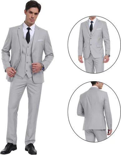 Vista 5 de Trajes de 3 piezas para hombre, conjunto de traje de boda ajustado, para padrinos de boda, traje de graduación, esmoquin, negocios, formal, casual