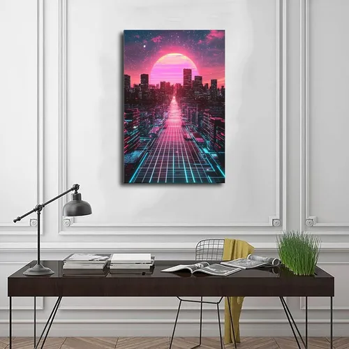 Vista 3 de Synthwave Vaporwave Wall Decor – Neon Pink Blue Retro Futuristic Poster Print Canvas Posters Wall Art Bedroom Office Room Decor Gift
