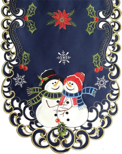 Vista 2 de Creative Linens Camino de mesa navideño bordado muñeco de nieve con copo de nieve de Pascua ovalado, bufanda de tocador azul dorado