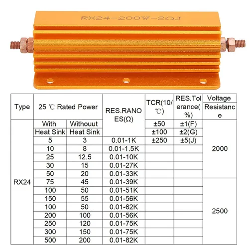 Vista 4 de Resistencia de potencia, 200W RX24 Carcasa de aluminio Resistencia de alambre enrollado 2Ohm 2R Resistencia de potencia de carcasa de aluminio