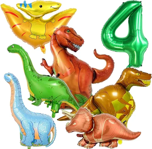 Vista 9 de Juego de 7 globos de dinosaurio, globos de número 3 de 40 pulgadas, 6 globos de dinosaurio, suministros de fiesta temática de dinosaurios