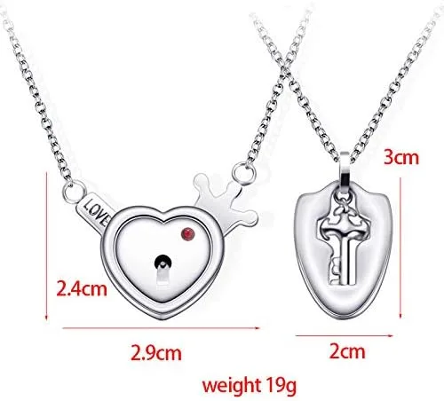 Vista 6 de Vanski Juego de collar de acero inoxidable para parejas con candado de corazón y llave, Metal, Circonia cúbica