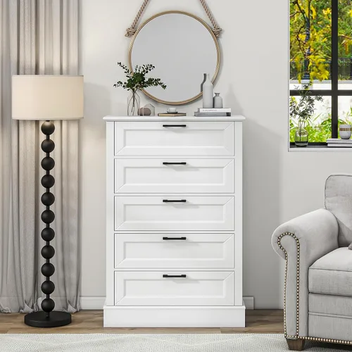 Vista 7 de ZLWJGY Cómoda blanca para dormitorio, cómoda de madera con 5 cajones, cómoda para dormitorio, sala de estar, entrada, pasillo, asas negras