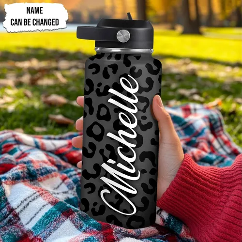 Vista 2 de Hyturtle Botella de agua personalizada de leopardo, botella de acero inoxidable aislada con tapa a prueba de fugas, 18 onzas, 32 onzas, regalo
