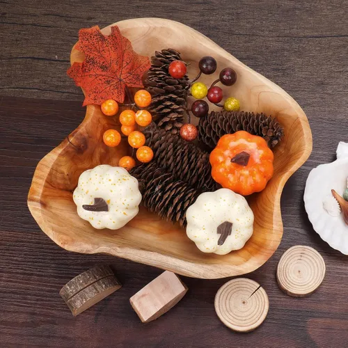 Vista 4 de Cuenco de madera para decoración, cuenco de fruta tallada de madera maciza de forma natural, cuenco de madera decorativo para centro de mesa
