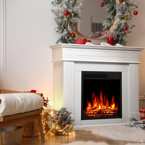 Vista 8 de Chimenea eléctrica con chimenea envolvente de madera, control remoto, llama LED ajustable, chimenea independiente de 750 W/1500 W (blanco perlado)