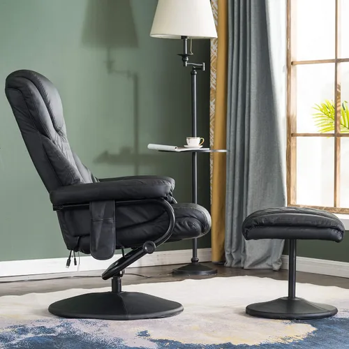 Vista 4 de Mcombo Sillón reclinable con otomano, silla reclinable con masaje, silla giratoria de 360 grados para sala de estar de piel sintética, 4901 (Negro)