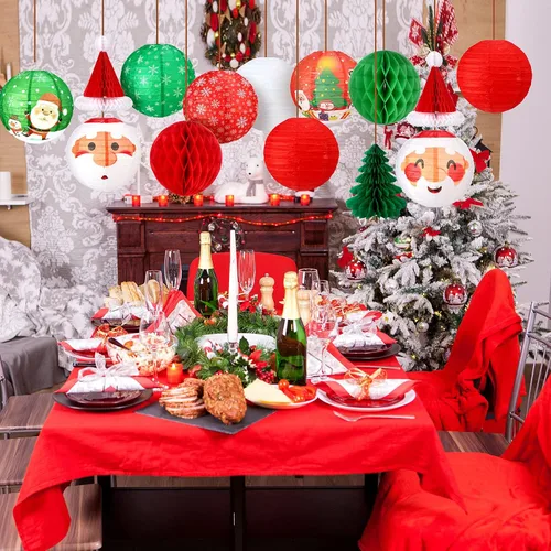 Vista 5 de Juego de 17 linternas de papel colgantes de Navidad 3D para Papá Noel, linterna de papel, sombrero de Papá Noel, árboles de Navidad, bolas de panal