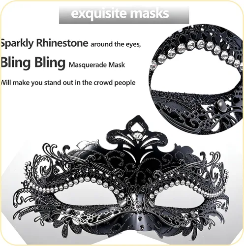 Vista 3 de Máscaras de metal para mujeres/hombres, máscara veneciana de Halloween, máscara de Mardi Gras Negro