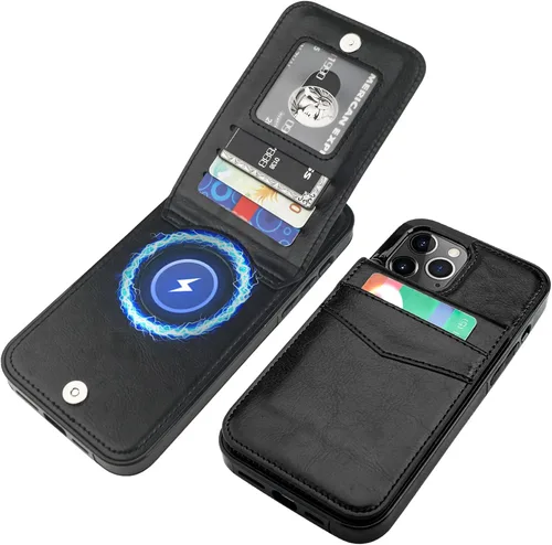 Vista 21 de KIHUWEY - Funda tipo cartera para iPhone 12 Pro Max, soporte para tarjetas, color negro Ranuras para tarjetas de crédito, piel sintética, cierre