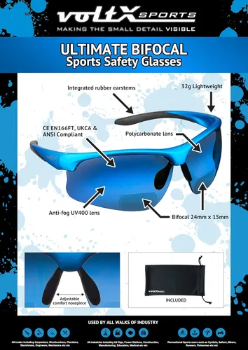 Vista 4 de voltX 'ULTIMATE SPORTS' Gafas de seguridad bifocales (montura azul, lente de espejo azul + 1.0 dioptrías) – Lente UV400 con revestimiento antivaho