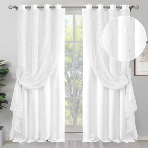 Vista 11 de BGment Cortinas de oscurecimiento de habitación con superposición transparente, cortinas de tul estampado plateado de doble capa para sala de estar