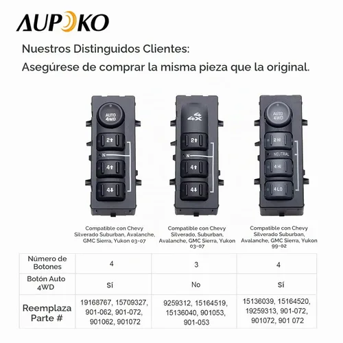 Vista 3 de Aupoko Interruptor selector 4WD, interruptor de caja de transferencia de 3 botones de tracción 4x4, sustituye a # 19259312 15164519 15136040