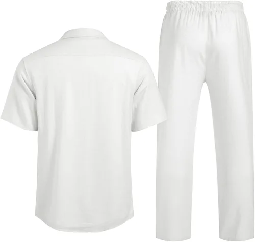 Vista 3 de COOFANDY Conjunto de ropa de lino de 2 piezas para hombre camisa con botones y pantalones sueltos