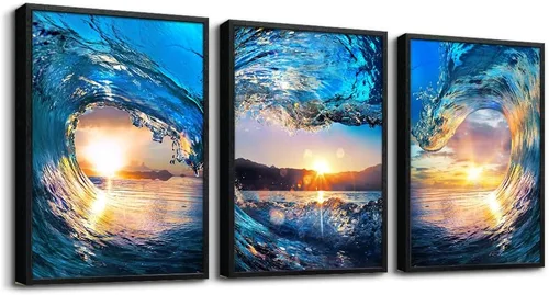 Vista 8 de Arte en lienzo enmarcado en negro para decoración de sala de estar y dormitorio - Pintura de pared de playa en blanco y negro - Imágenes de olas