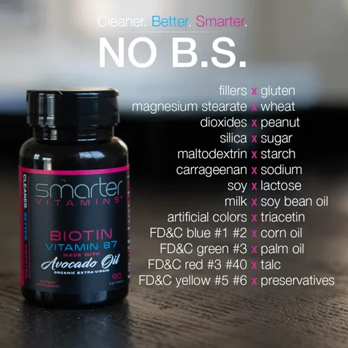 Vista 2 de SmarterVitamins Biotina 5000mcg en aceite de aguacate, vitamina B7, soporte para cabello, piel y uñas, sin OMG, 90 mini cápsulas blandas líquidas