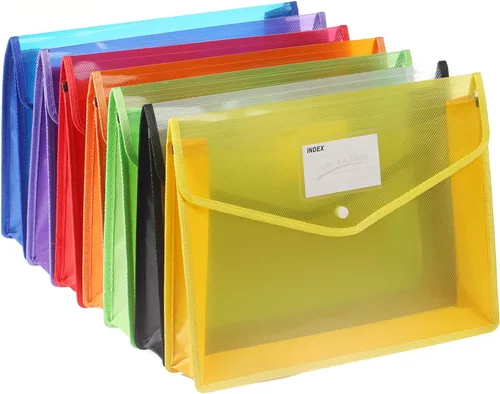Vista 7 de Paquete de 7 carpetas de archivos, sobres de polietileno expandibles B4, carpeta de documentos de plástico con cierre de botón, bolsa de archivos