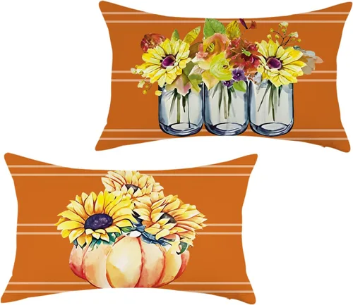 Vista 7 de Juego de 2 fundas de almohada florales otoñales de 18 x 18 pulgadas, fundas de cojín de rayas otoñales de granja, jarrón, fundas de almohada