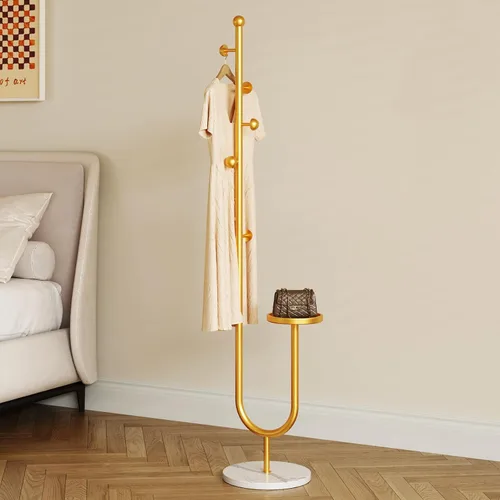 Vista 10 de Perchero moderno de pie, perchero de metal con base geométrica de hierro fundido y ganchos, soporte de percha en forma de T para abrigos, sombreros