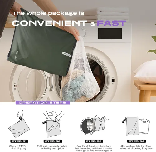 Vista 6 de Bolsa de lavandería de malla para viajes, gimnasio, universidad y campamento, organizador grande de ropa sucia lavable con cremallera con tela