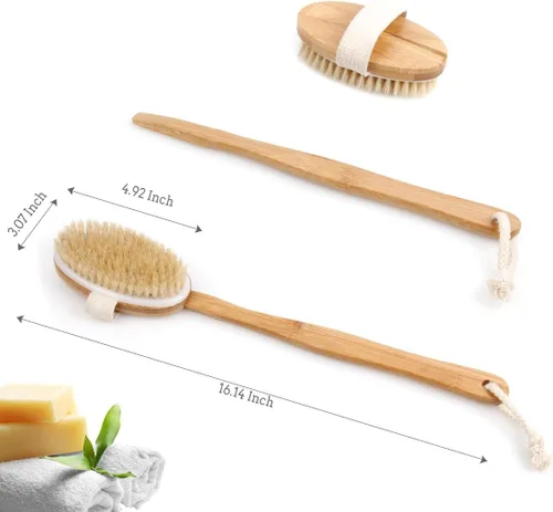 Vista 4 de Cepillo corporal de baño y ducha, cepillado de piel seca con cerdas de jabalí 100% naturales y mango desmontable de bambú de 16 pulgadas de largo