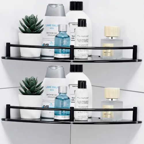Vista 7 de Estante de baño de vidrio con riel inoxidable, estante de ducha esquinero de vidrio negro, organizador de ducha con agujero de taladro para montaje