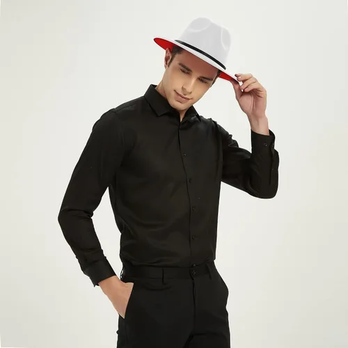 Vista 7 de Sombreros Fedora de ala ancha para mujeres y hombres, sombrero clásico de fieltro de Panamá para hombre, sombrero de vestir de dos tonos con hebilla